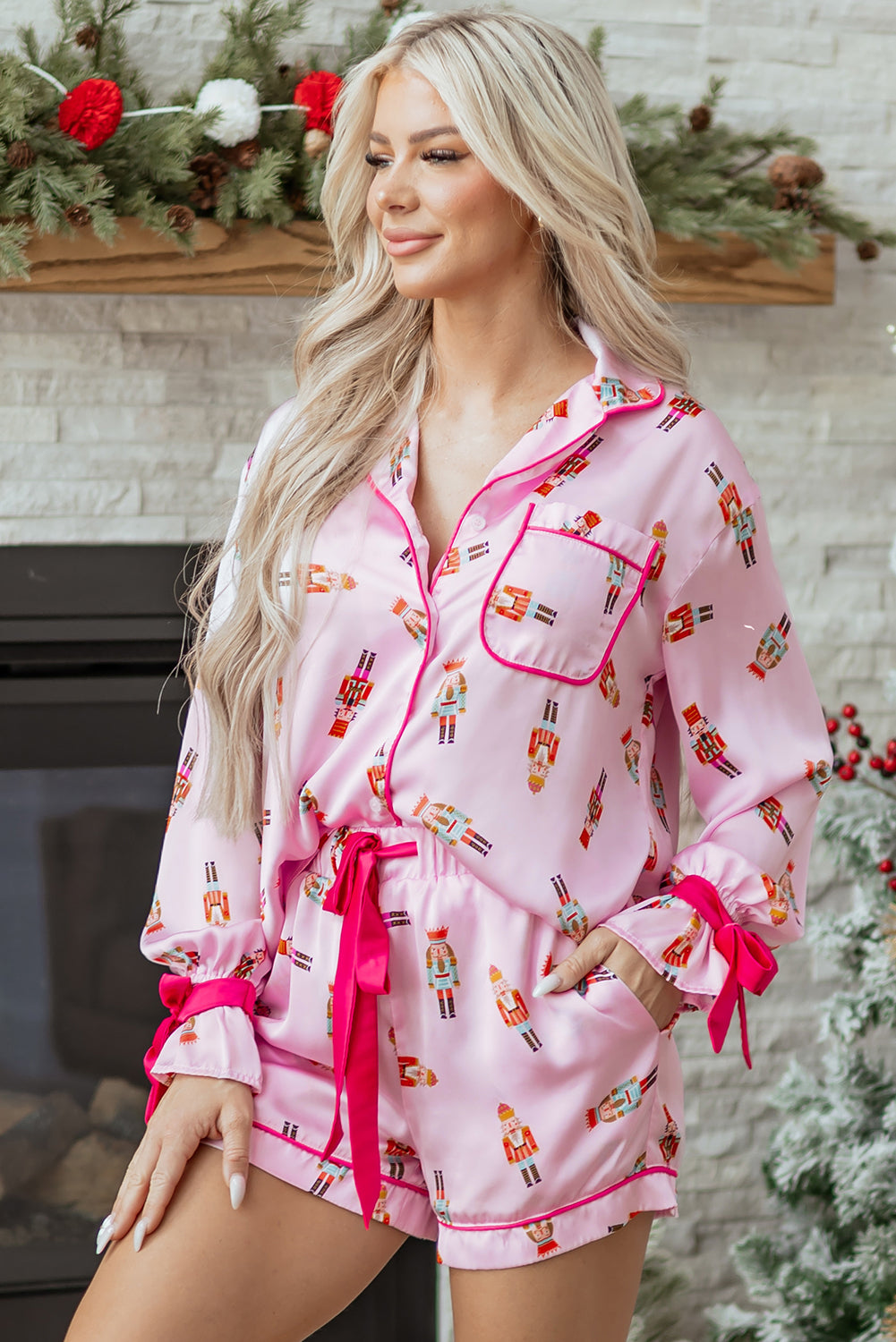Pink Nutcracker Print Two Piece Pajama Set Contrast Trim Bow Dear-Lover Dropshipping